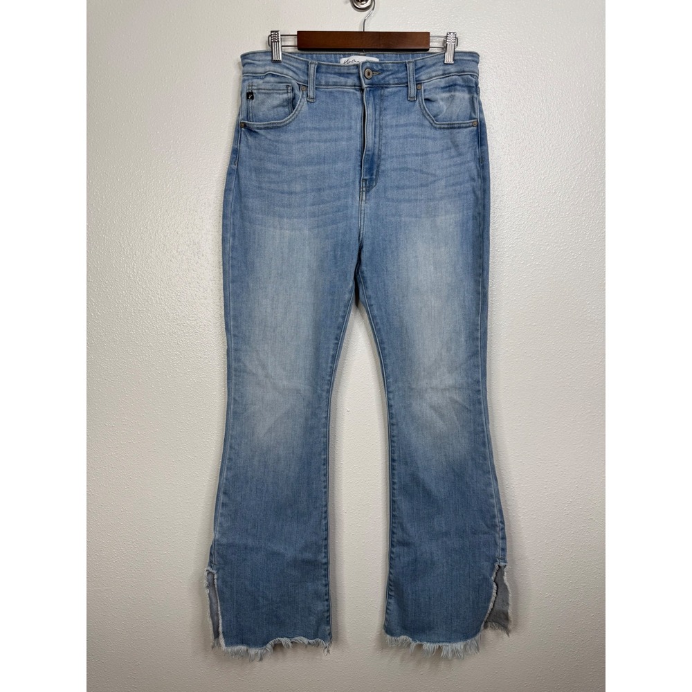 KanCan Maurices Womens High Rise Flare Jeans Light Wash Raw Hem Side Slit‎ 31